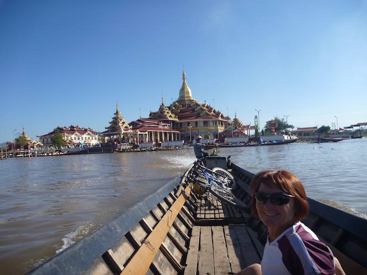 A view from our longboat back at the island pagoda towards the southern end of Inle Lake.