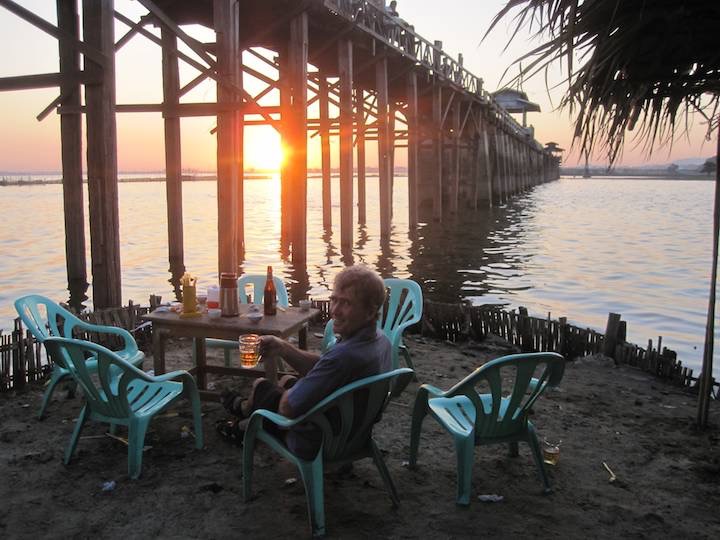 Sunset, and a Myanmar beer at U Bein&rsquo;s bridge after a ride south from Mandalay.