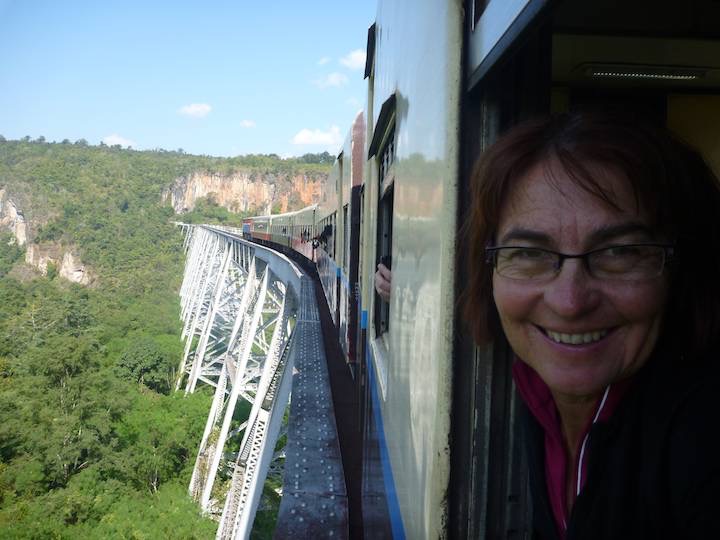 Crossing the 110 year old Gokteik Viaduct at a snails pace to avoid stressing the old bridge.