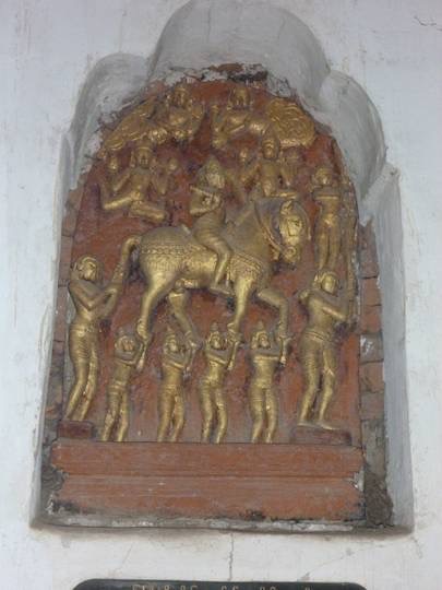 This was one of many similar scenes depicted in niches high up in one of the temples.  The unusual thing about this one is it depicts &ldquo;Nats&rdquo; spirit beings from pre buddhist beliefs.  In this scene they are carrying away a prince held high so his horses hooves would not be heard on the pavement.