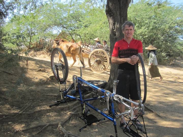 First flat tyre of the trip, we had 5 today . We chose a busy village crossroad to keep us amused while 2 repair were done.