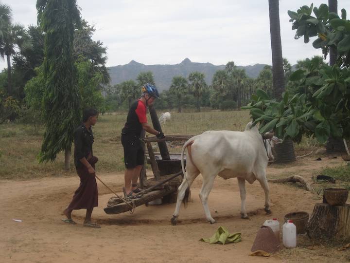 Once on the bitumen road there was a number of stalls. Here a simple system for producing peanut oil from raw peanuts.  I think about 20 minutes to grind the peanuts.