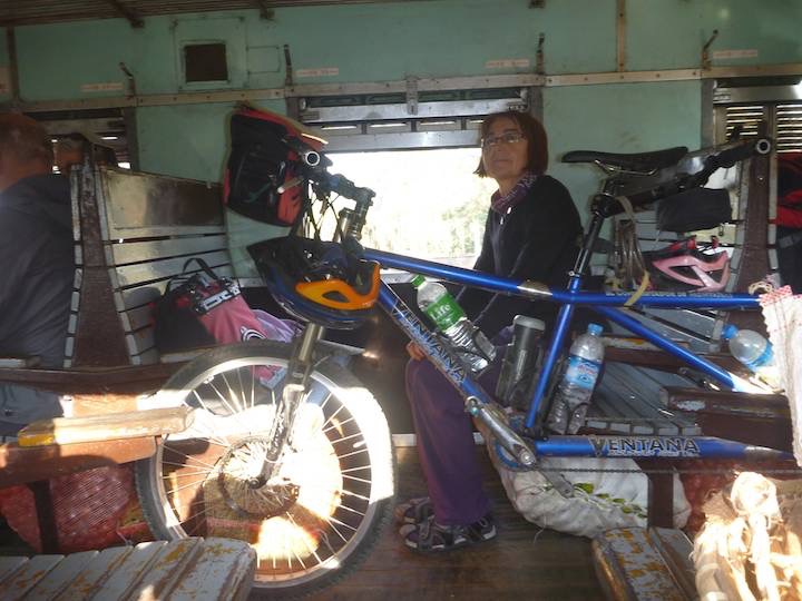 Amazingly there was no problem putting our bike in the aisle. Note the bags of garlic under the seats.