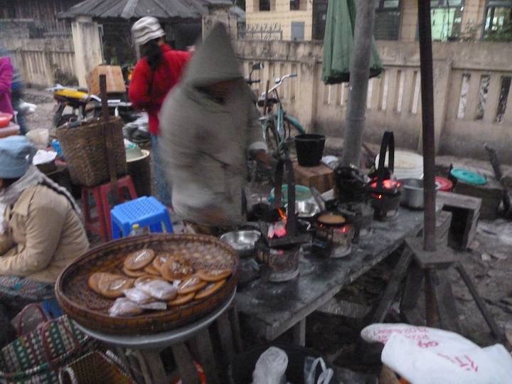 The pancake stall. A small pan and fire for each pancake with coals on to to cook both sides. Tasted great.